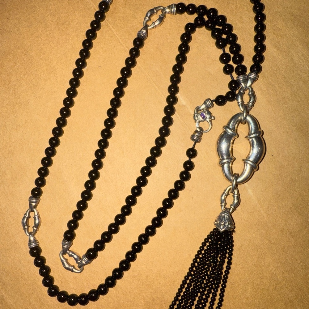 Scott Kay Authentic Sterling Silver & Black Onyx Beaded Tassel Necklace 36”